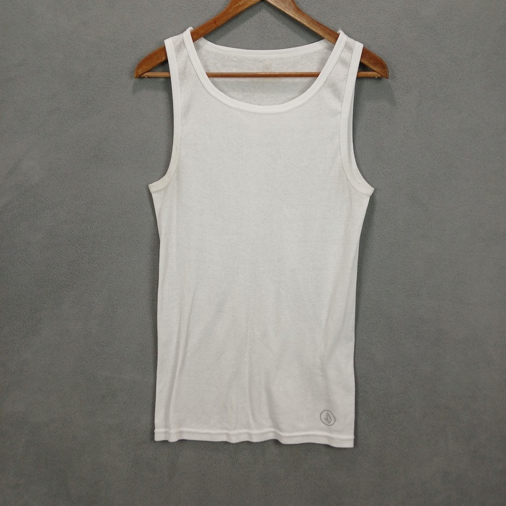 Volcom Tank Top Mens Large White Logo Ribbed Scoop Neck Wide Strap Athletic
